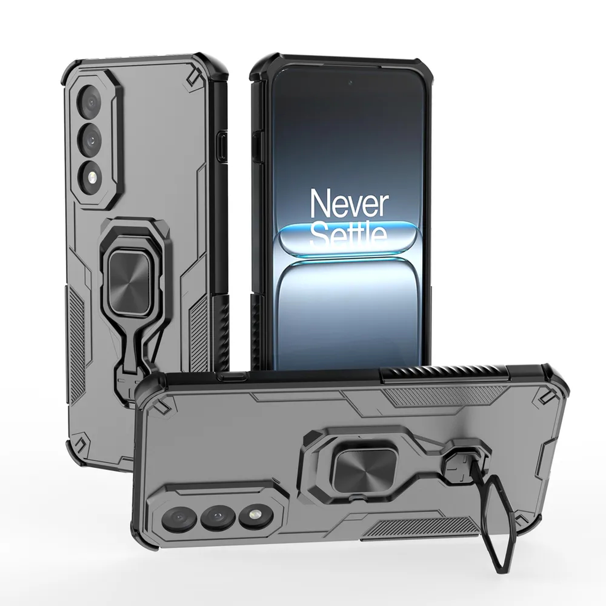 Drie telefoonhoesjes op witte achtergrond. Elk hoesje heeft een ringstandaard. Tekst op scherm.