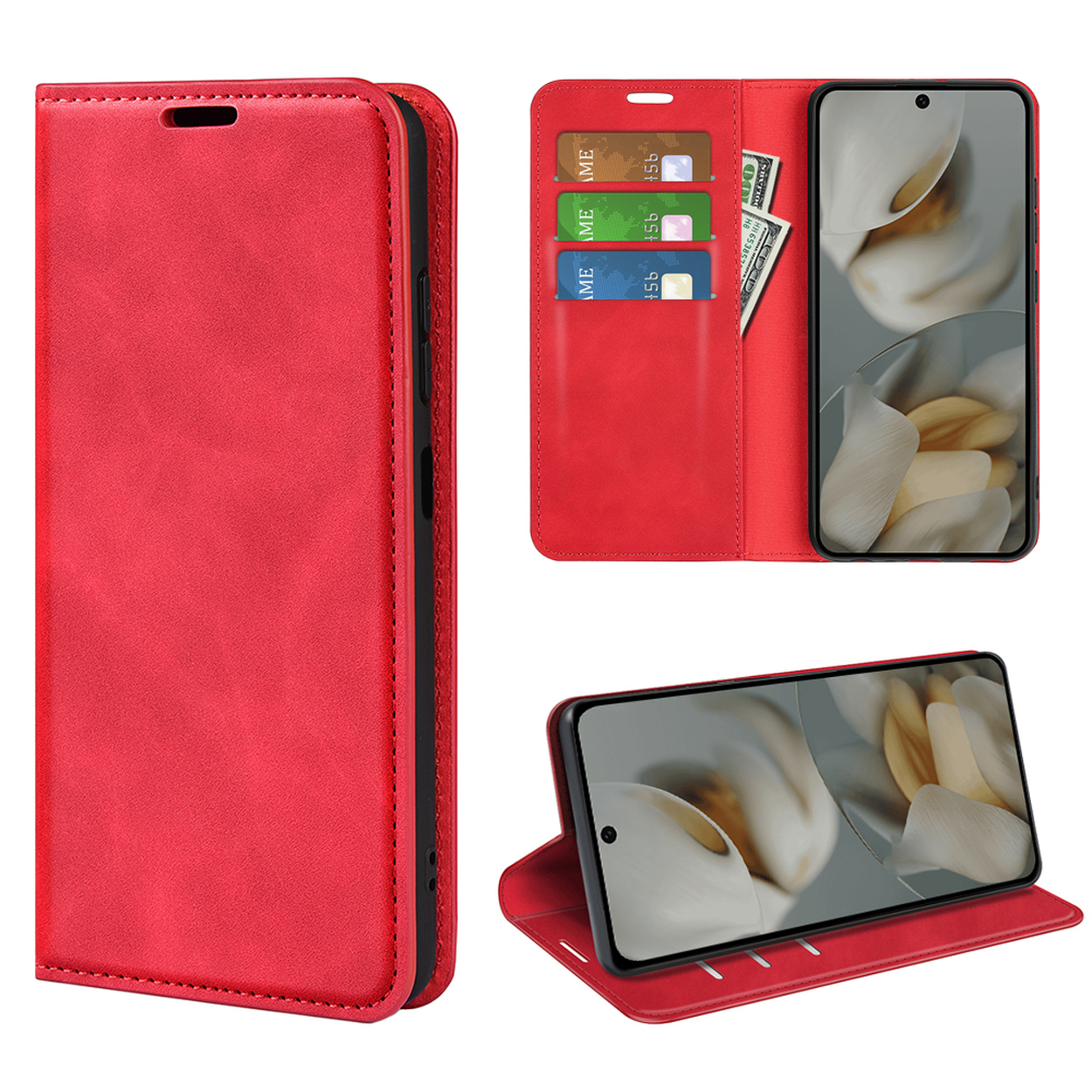 Trois vues d'un étui rouge avec cartes et téléphone. L'écran affiche une image florale.
