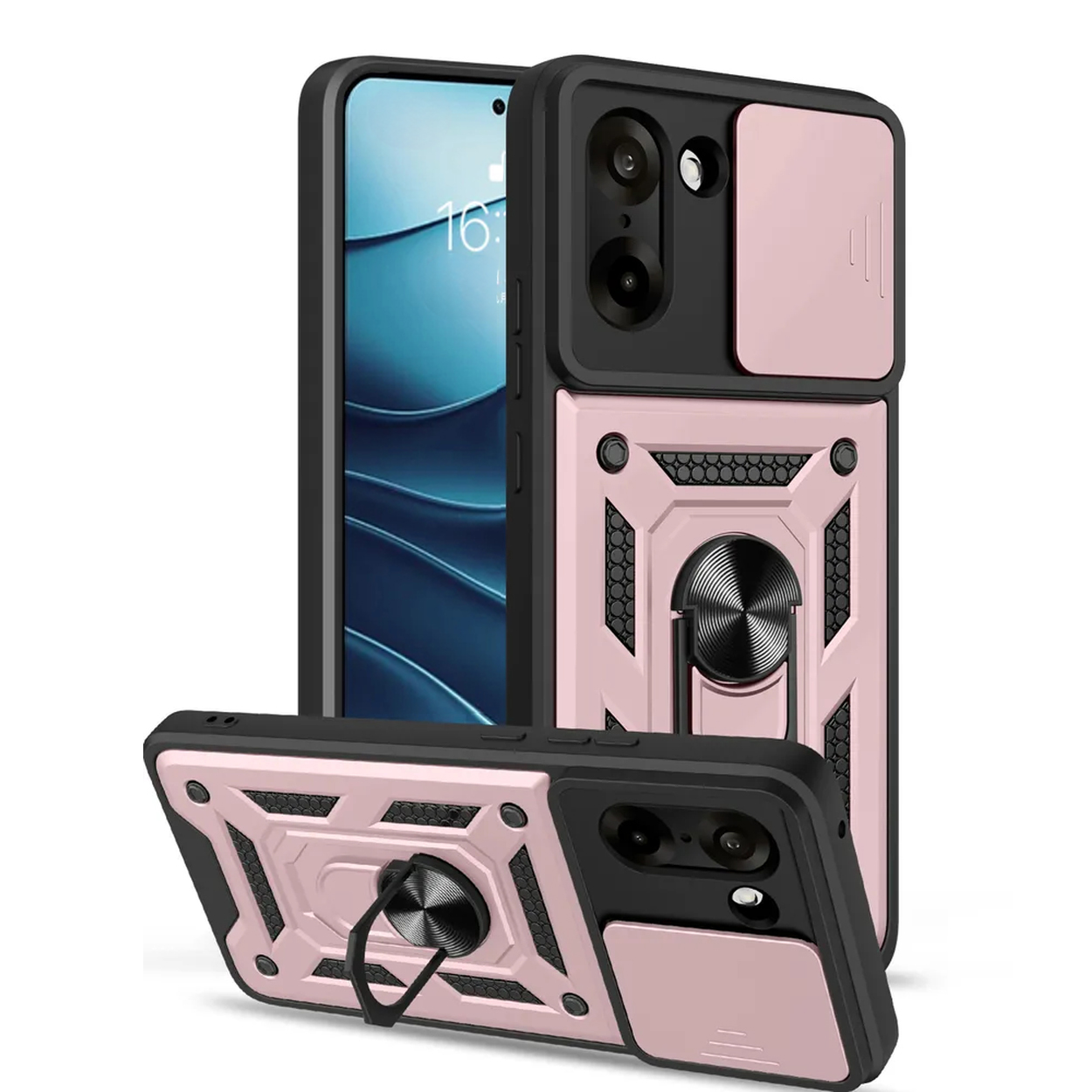 Drie telefoonhoesjes. Eén is open. Alle hebben een ringhouder en zijn roze en zwart.