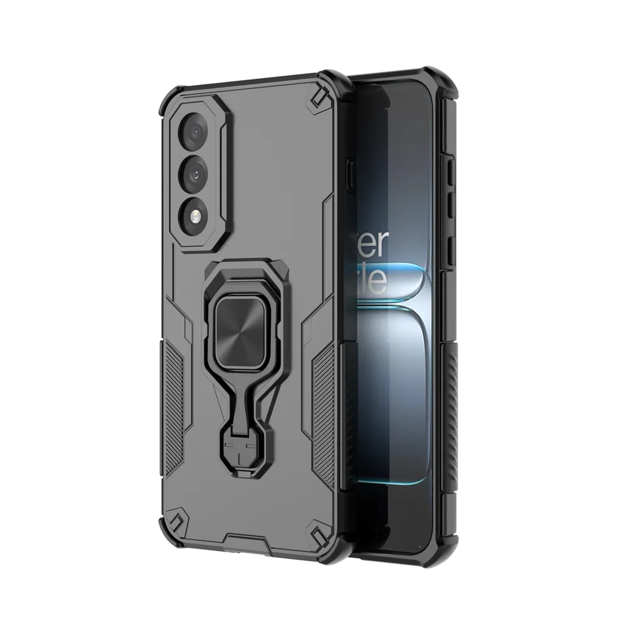 Een grijze telefoonhoes met een telefoon erin. Het heeft een ringhouder aan de achterkant.