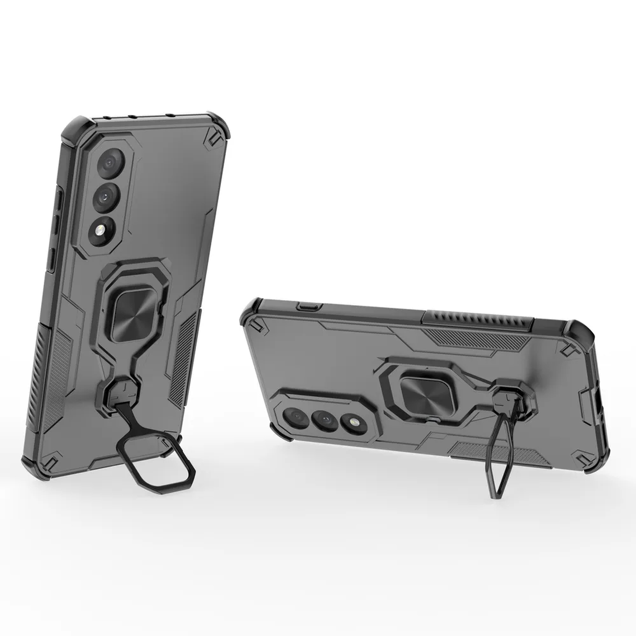 Twee grijze telefoonhoesjes, één staand, de andere liggend. Beide hebben ringhouders.