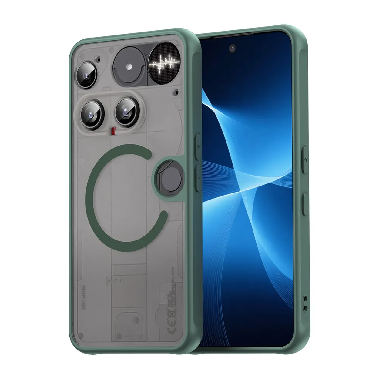 Twee telefoonhoesjes. Eén heeft een telefoon erin. De andere is groen met een transparante achterkant.