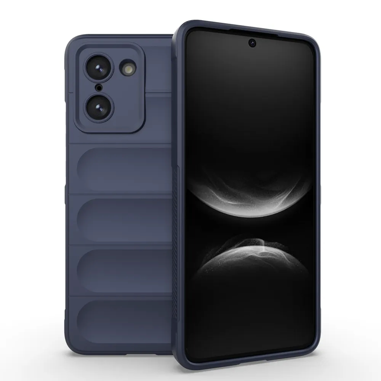Twee blauwe telefoonhoesjes, één met telefoon erin. De andere heeft een camerabult.