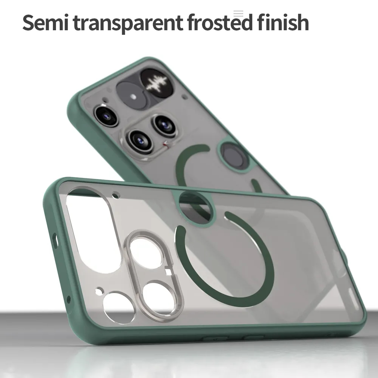 Twee telefoonhoesjes, transparant groen met een groene omtrek. Ze liggen op een wit oppervlak.