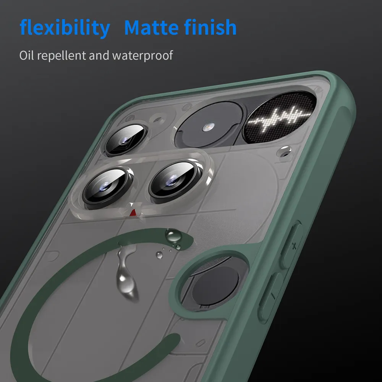 Close-up van een telefoonhoesje. De hoes is groen met een transparante achterkant. Waterdruppels zijn zichtbaar.