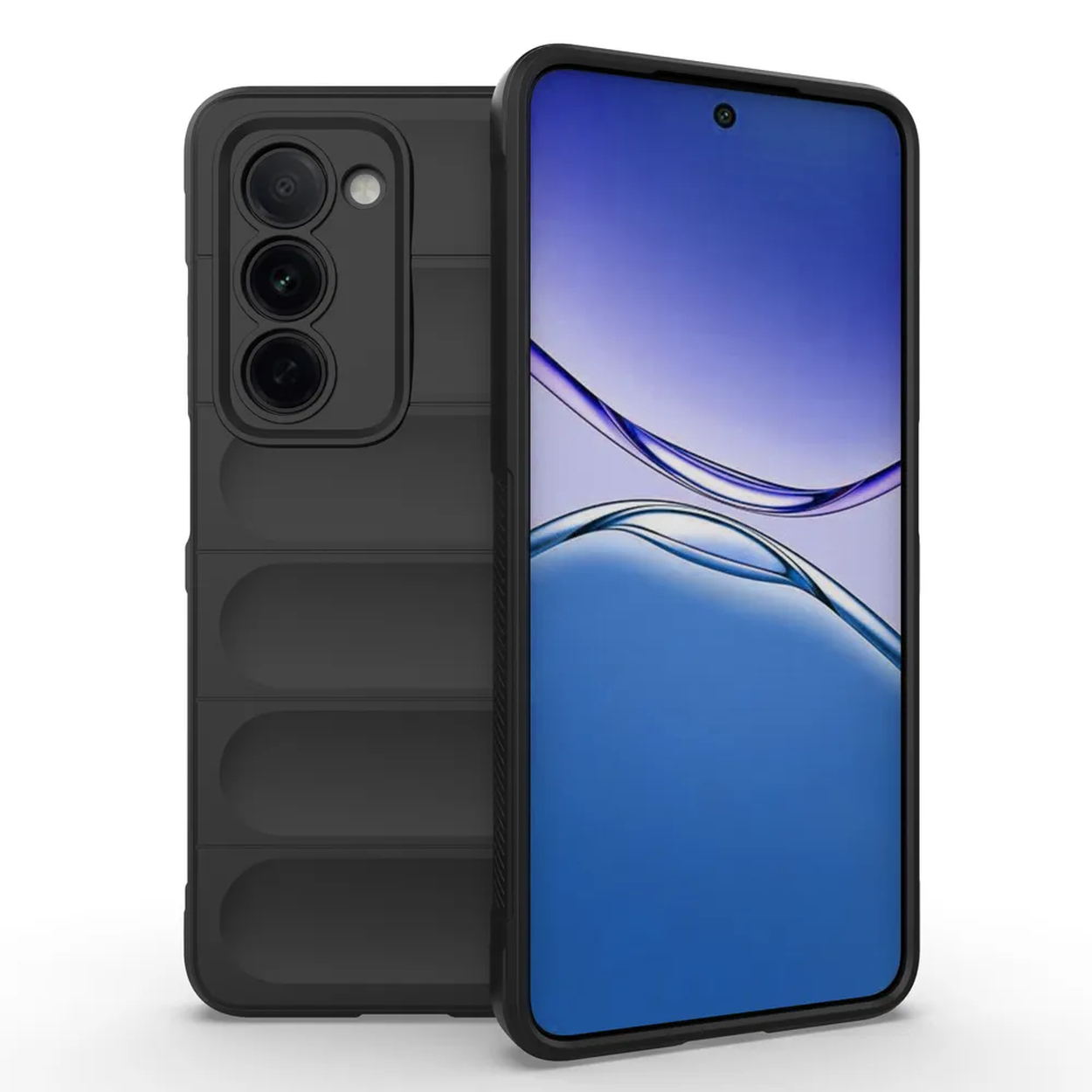 Deux téléphones, un dans un étui noir. L'autre affiche un écran bleu. Fond blanc.