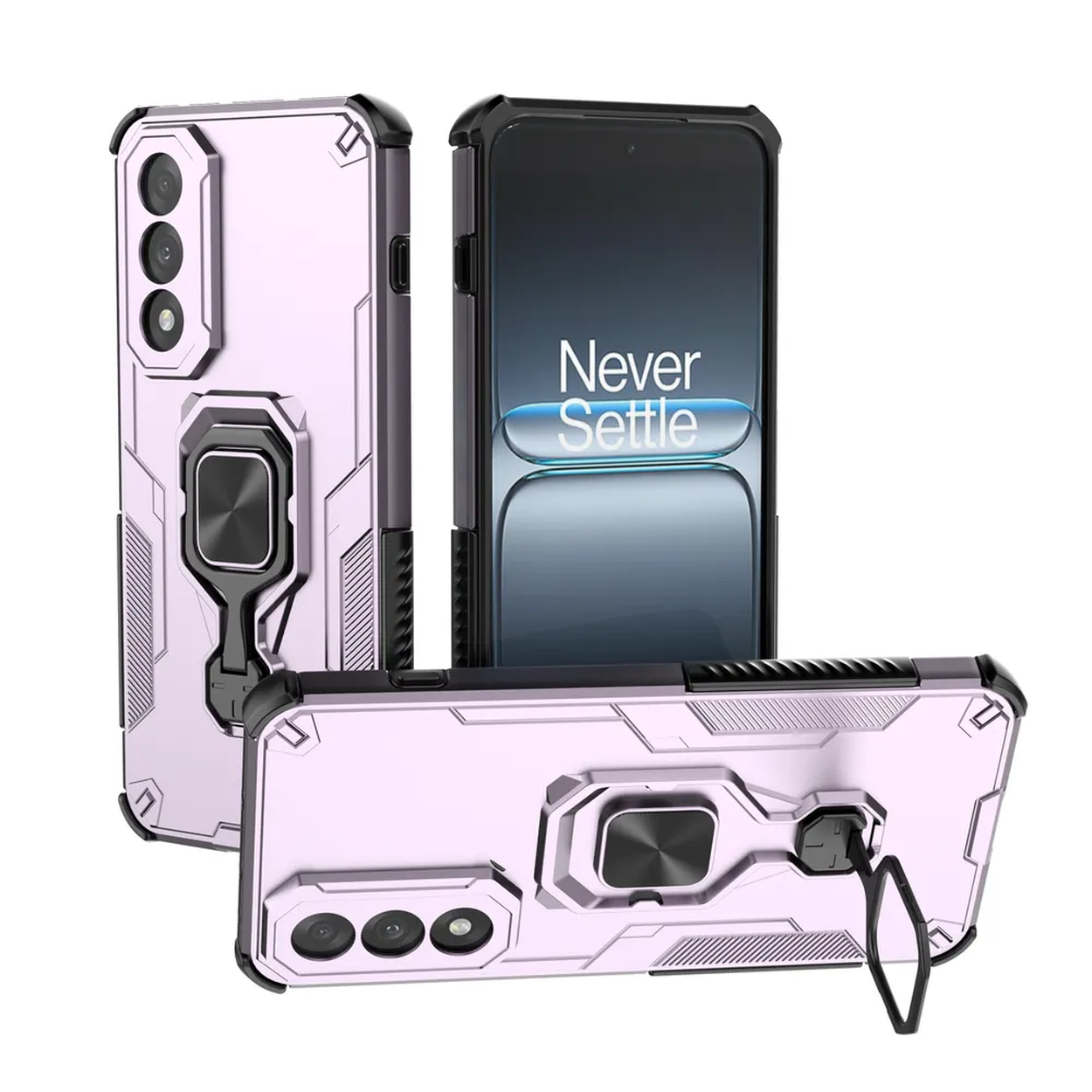 Drie roze telefoonhoesjes met een telefoonscherm. Witte achtergrond.