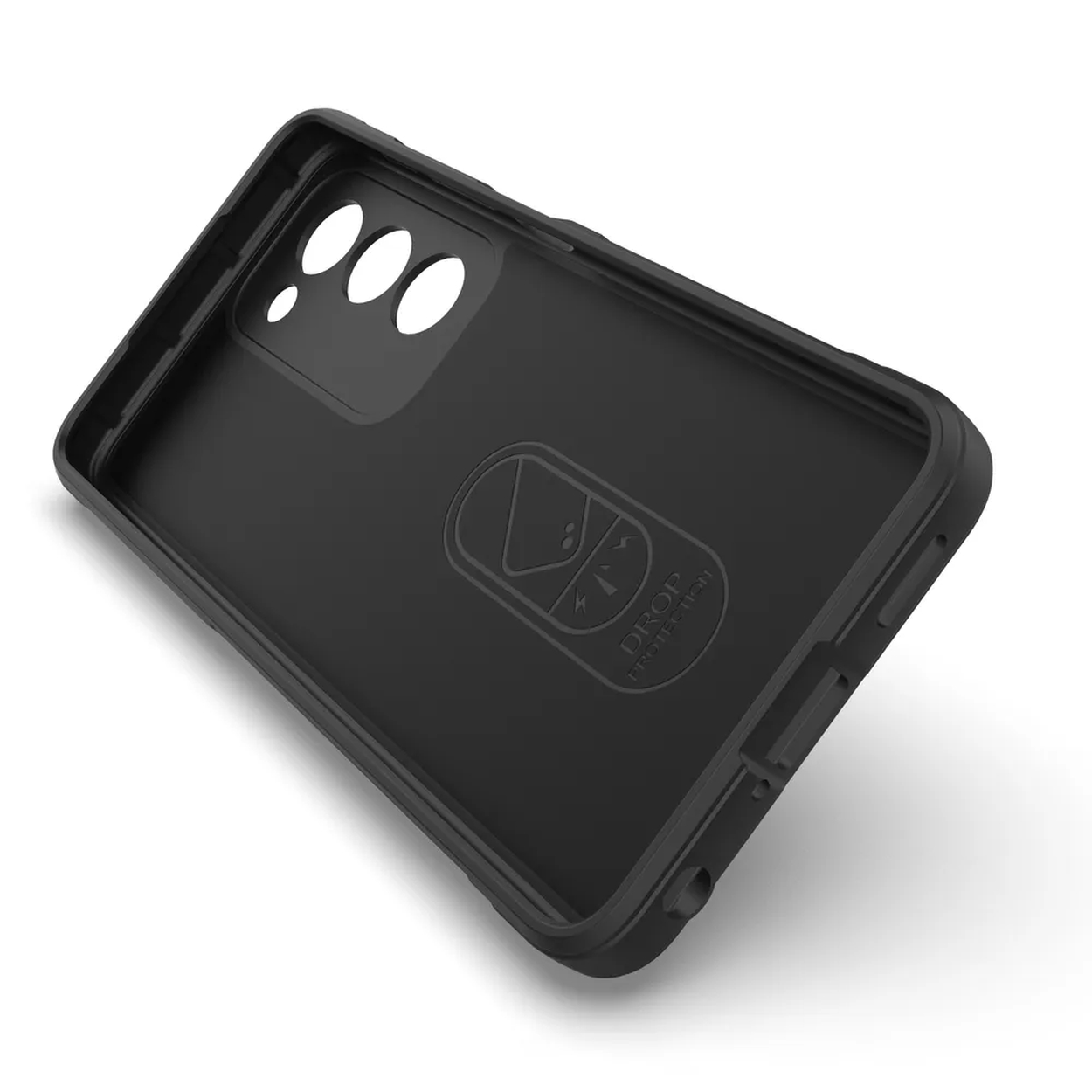 Coque de téléphone noire, vue intérieure. L'étui est vide. La protection contre les chutes est visible.