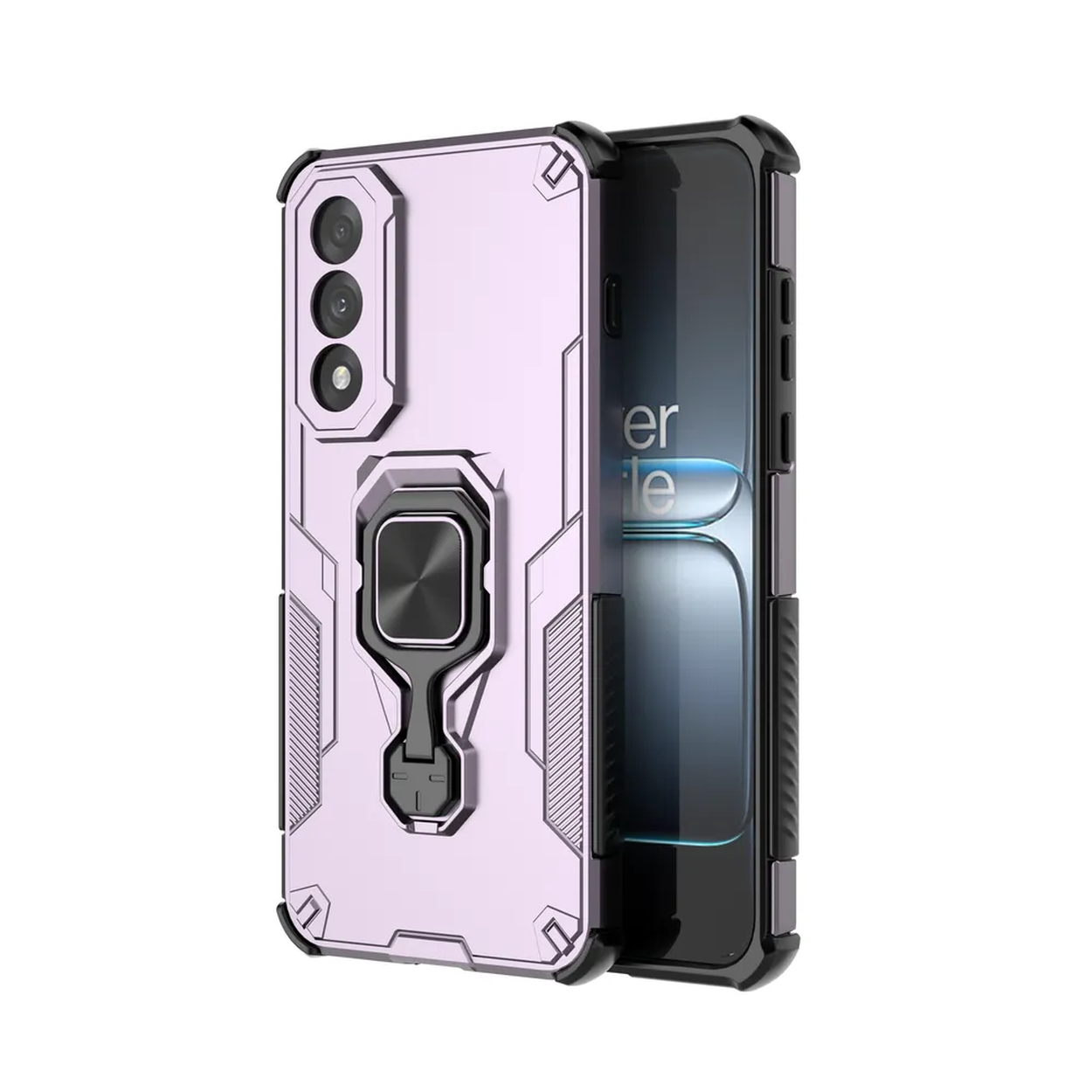 Roze telefoonhoes met tekst op scherm. Witte achtergrond.