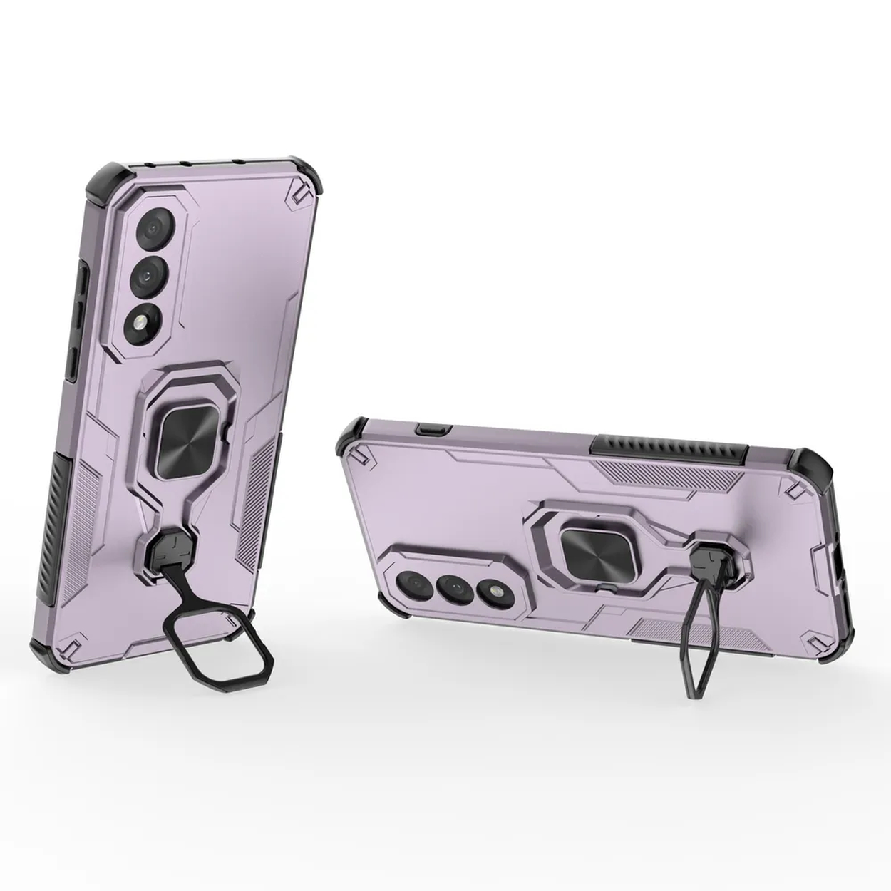 Twee roze telefoonhoesjes, één met telefoonscherm, witte achtergrond.