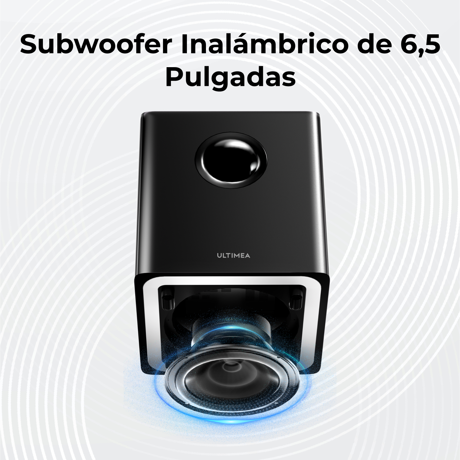 Subwoofer negro con altavoz y ventilación circular. Tiene la marca ULTIMEA.