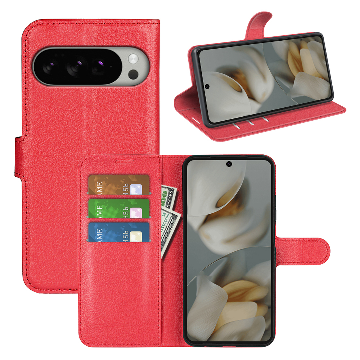 Coque de téléphone rouge avec argent et cartes, téléphone à l'intérieur, ouverte. Fond blanc.