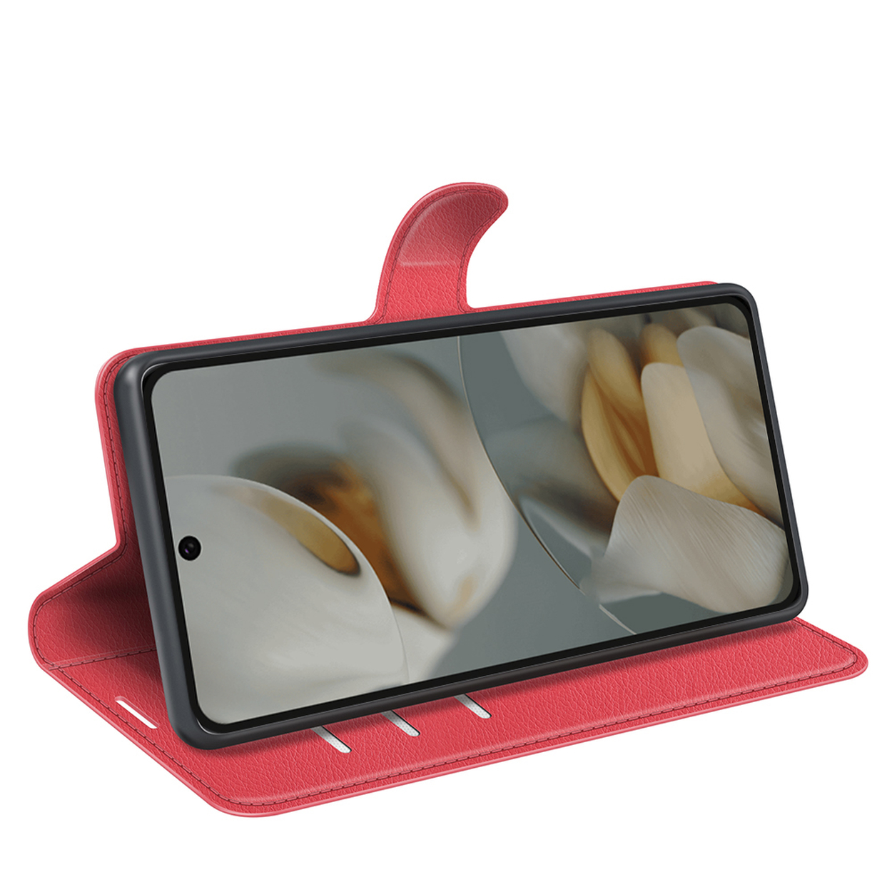 Coque de téléphone rouge, téléphone à l'intérieur, ouverte, sur fond blanc. Cuir rouge.