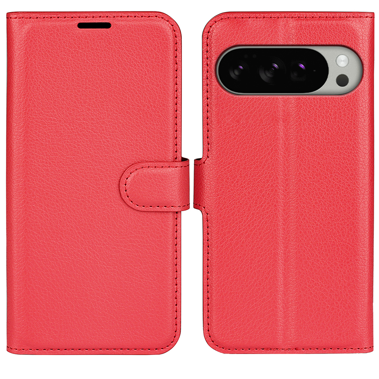 Coque de téléphone rouge, ouverte, avec téléphone à l'intérieur. Fond blanc.