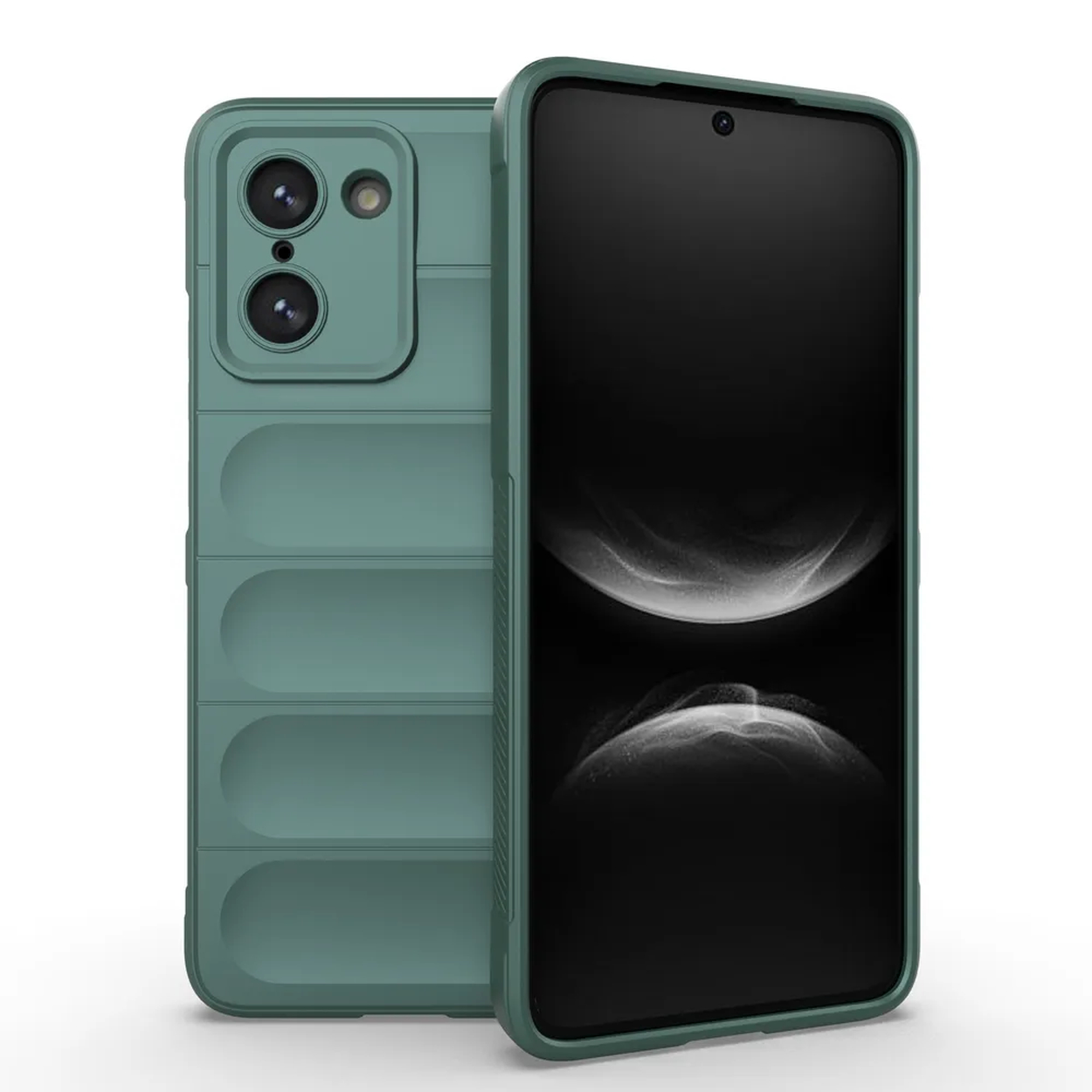 Coque de téléphone verte avec téléphone à l'intérieur. Fond blanc.