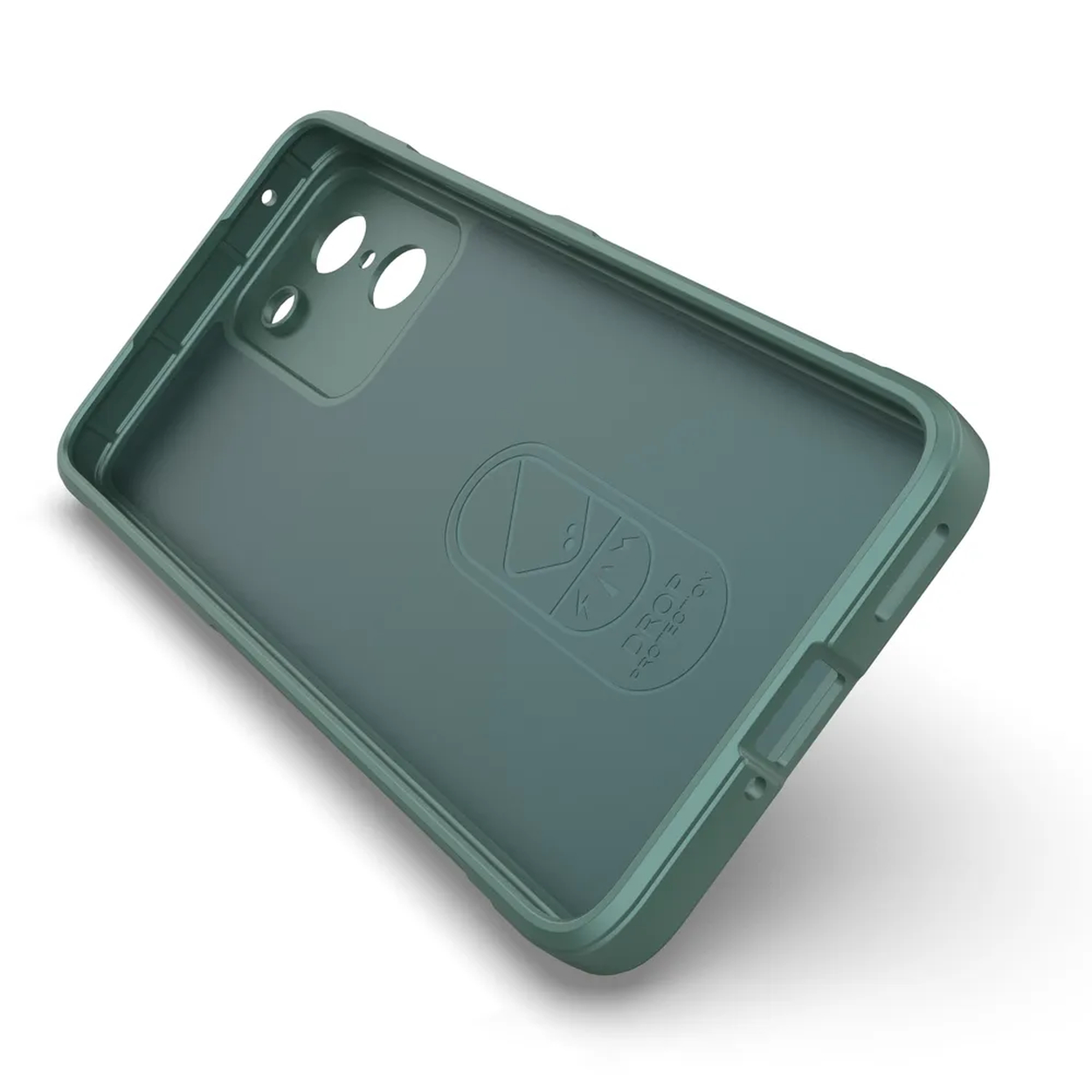 Une coque de téléphone sarcelle, en angle, montrant l'intérieur avec des découpes pour la caméra et un logo de protection contre les chutes. Fond blanc et ombre.