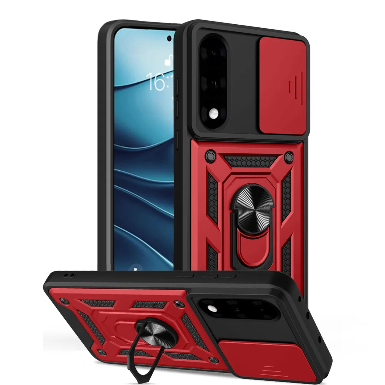 Rode en zwarte telefoonhoes met een schuifbare camerabescherming, een ringhouder en een telefoon.