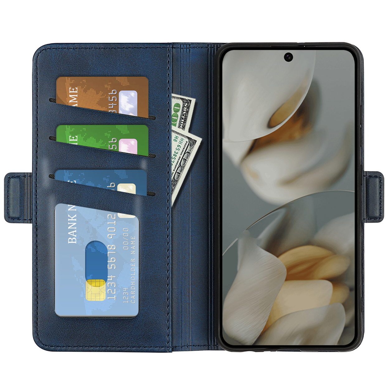 Blauwe telefoonhoes-portemonnee, opengeklapt, met kaarten, contant geld en telefoon die het scherm toont.