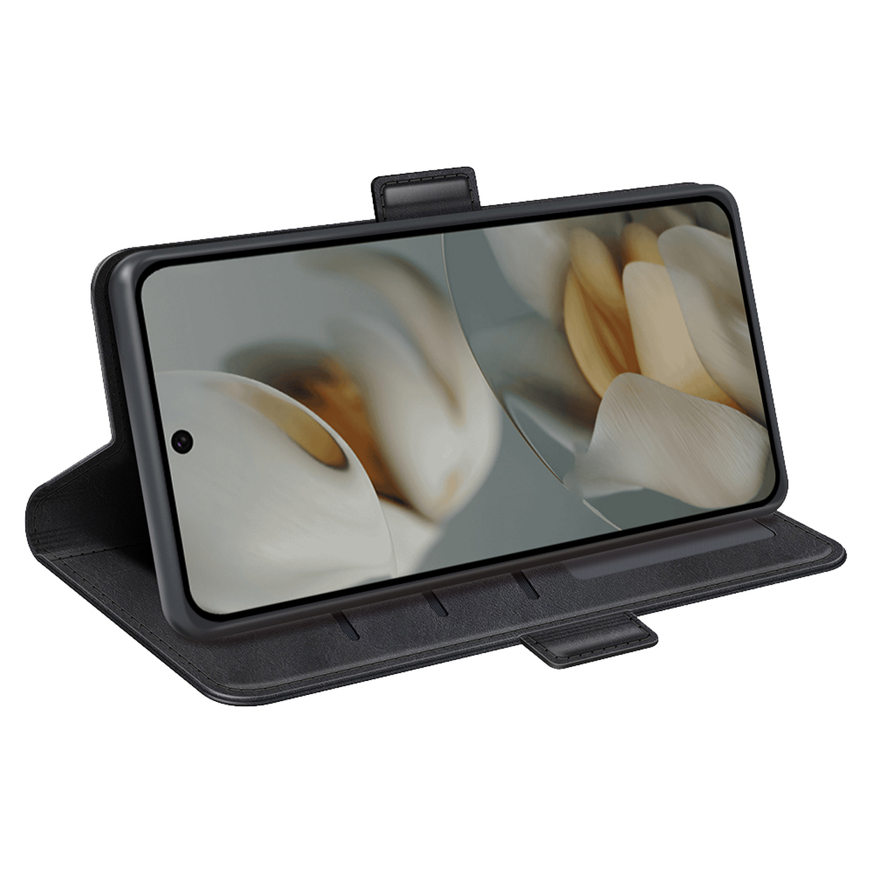 Blauwe telefoonhoes-portemonnee, opengeklapt, met telefoon die het scherm toont.
