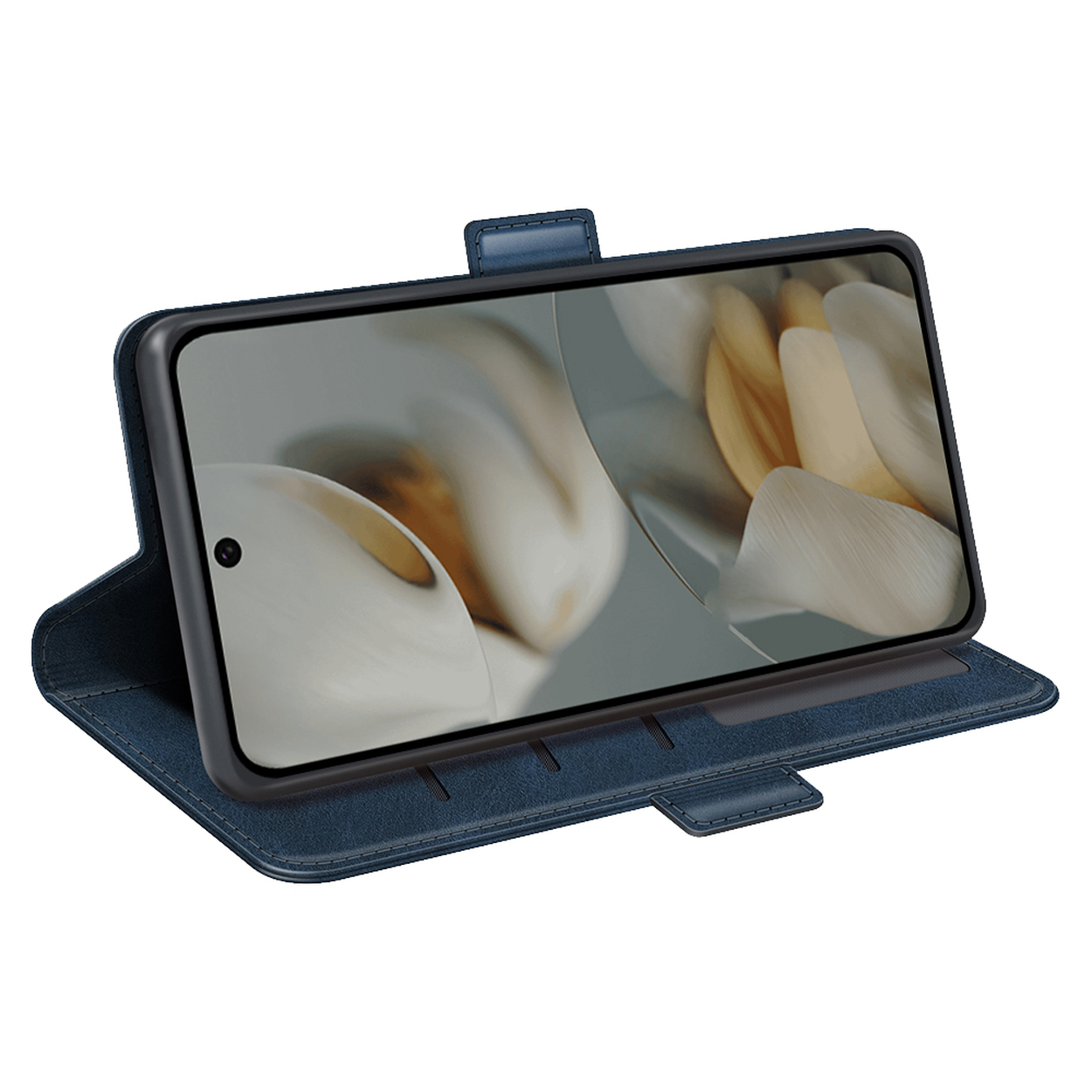 Blauwe telefoonhoes-portemonnee, opengeklapt, met telefoon die het scherm toont.
