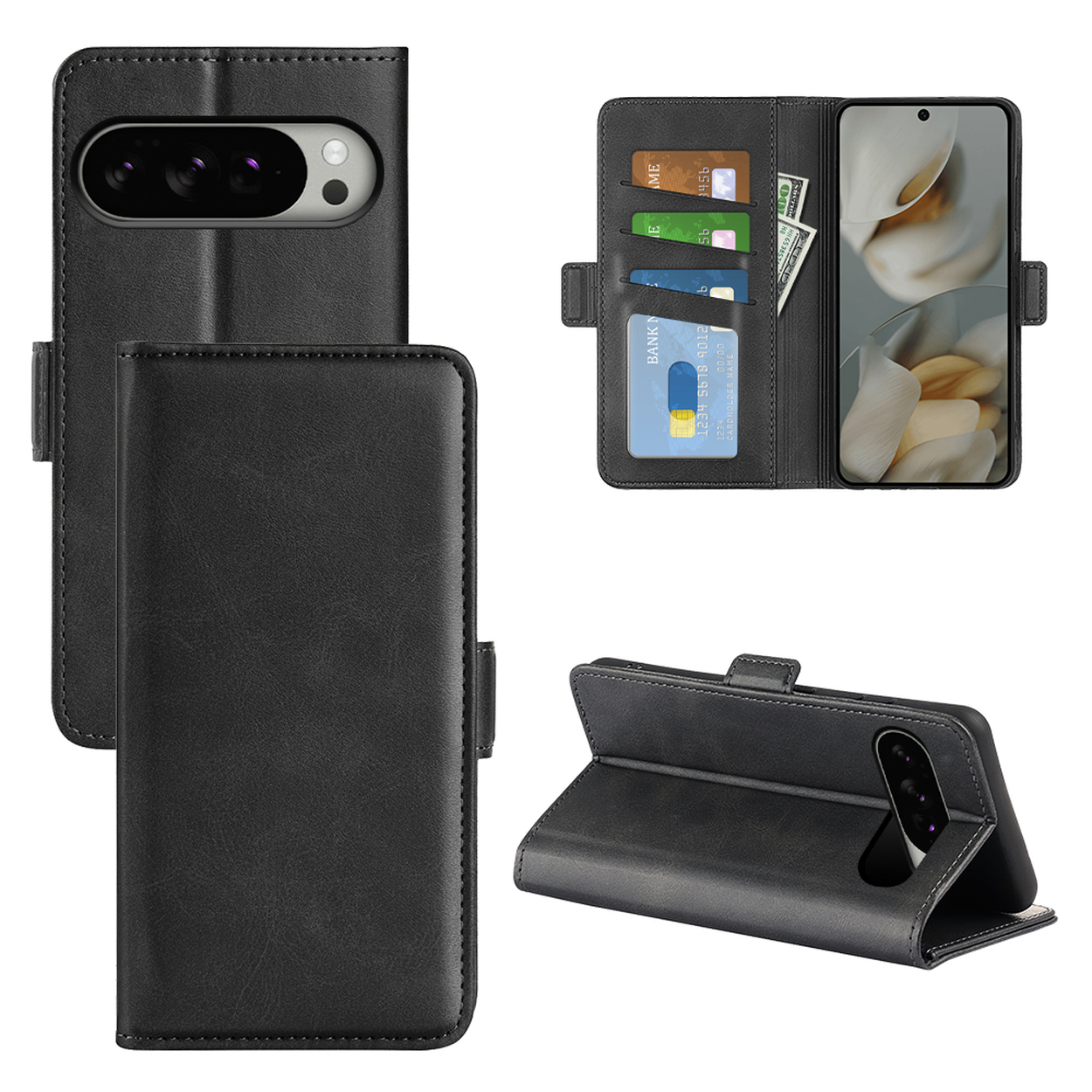 Zwarte leren telefoonhoes met meerdere kaartsleuven en een telefoon. De hoes is open.