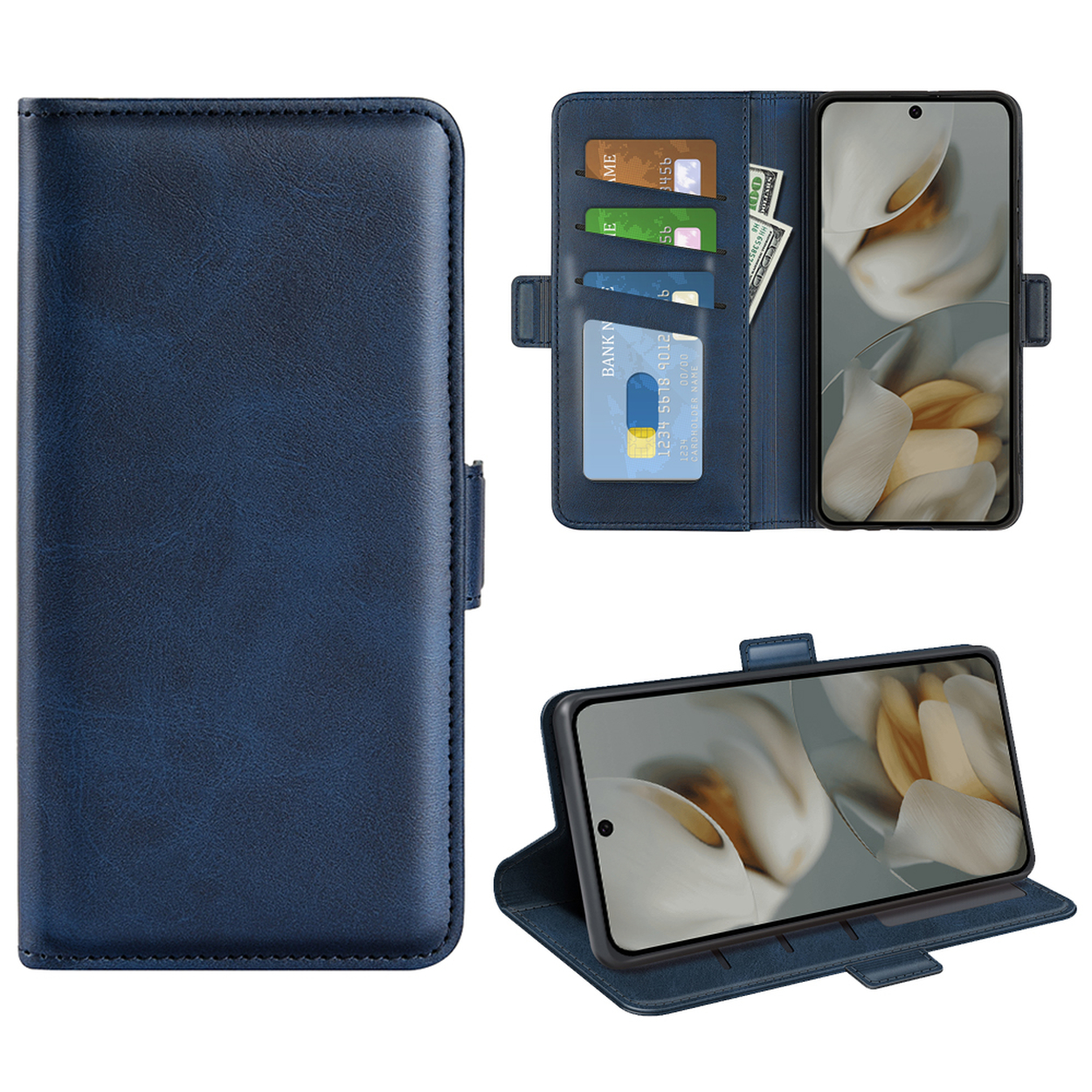 Blauwe telefoonhoes-portemonnee, met telefoon, kaarten en contant geld. Open, met de telefoon zichtbaar.