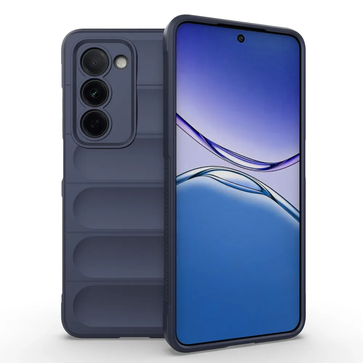 Blauwe telefoonhoes op een witte achtergrond. De achterkant heeft een uitsparing voor de camera en een geribbelde textuur.