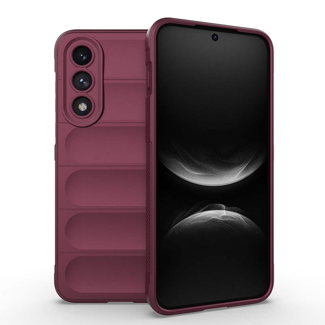 Coque de téléphone, couleur bordeaux, avec un téléphone à l'intérieur. Coque avec lignes verticales et découpe caméra.