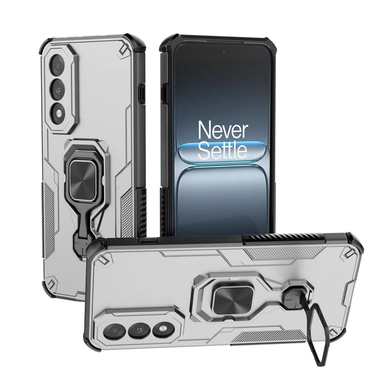 Coques de téléphone argentées et noires, vue trois quarts. L'étui a un support d'anneau. Le téléphone indique Never Settle.
