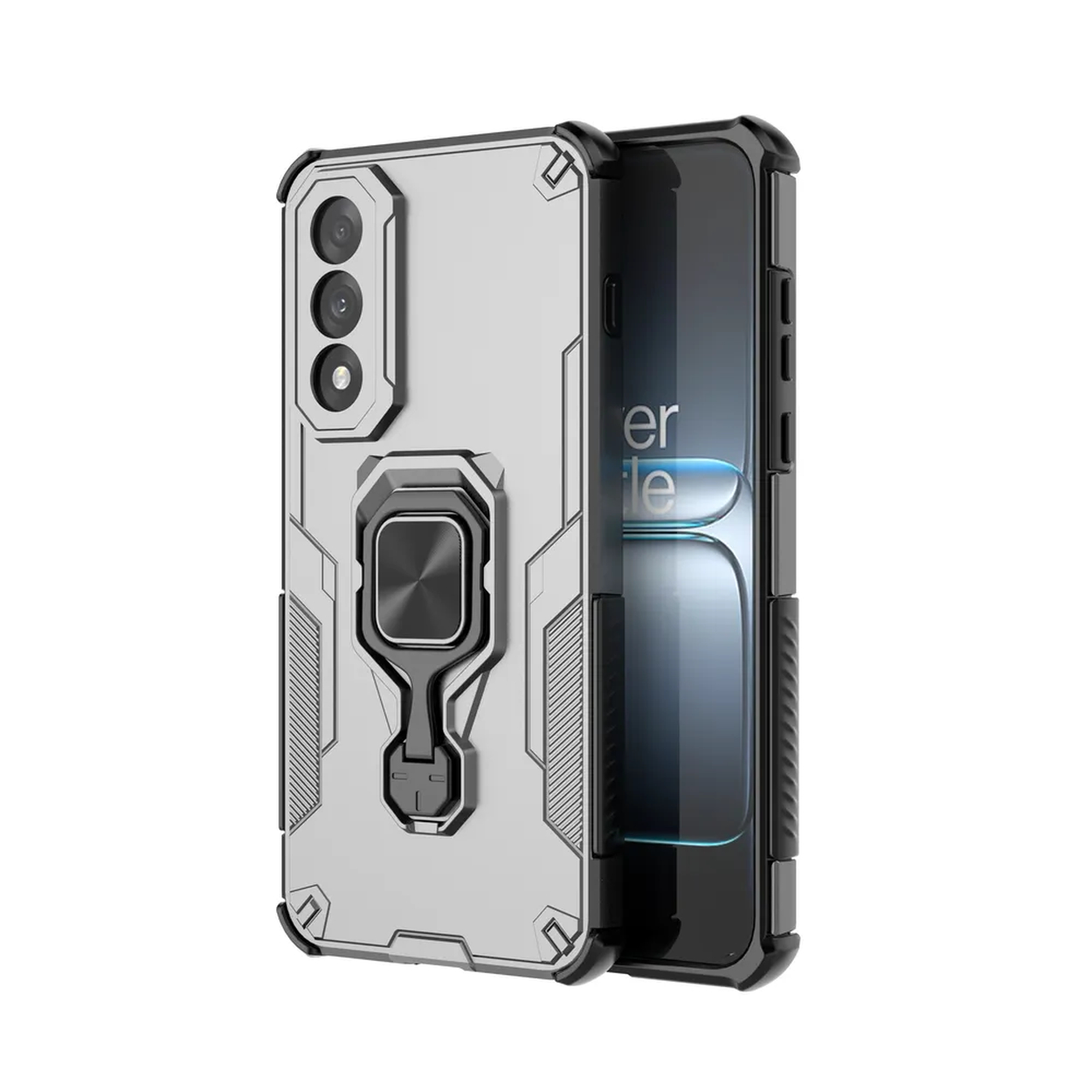 Coque de téléphone argentée et noire avec support d'anneau. Le téléphone est visible avec le texte Never Settle.