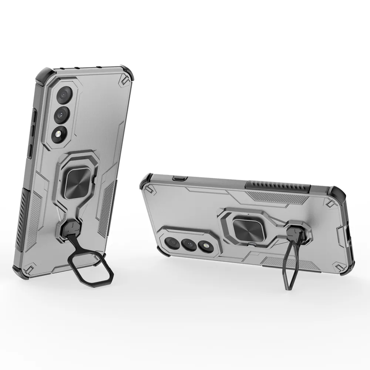 Coques de téléphone argentées avec des accents noirs, un support de bague et une protection de caméra sur fond blanc.