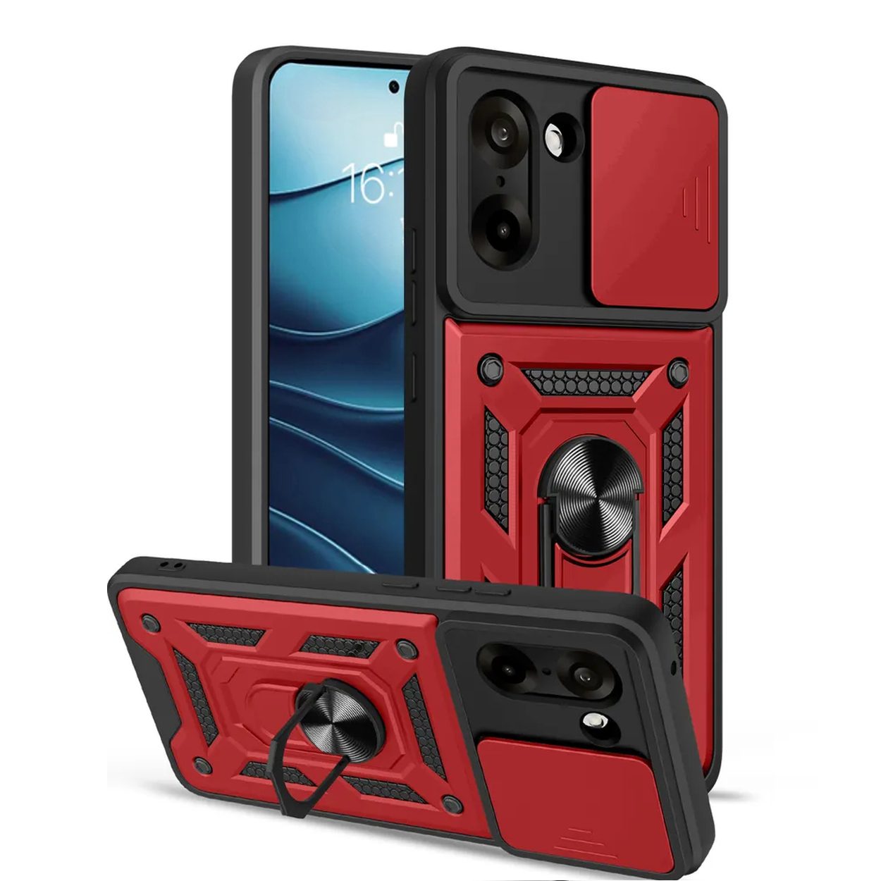 Rode en zwarte telefoonhoesjes met camera schuifdeksel, ringhouder en zichtbaar telefoonscherm.