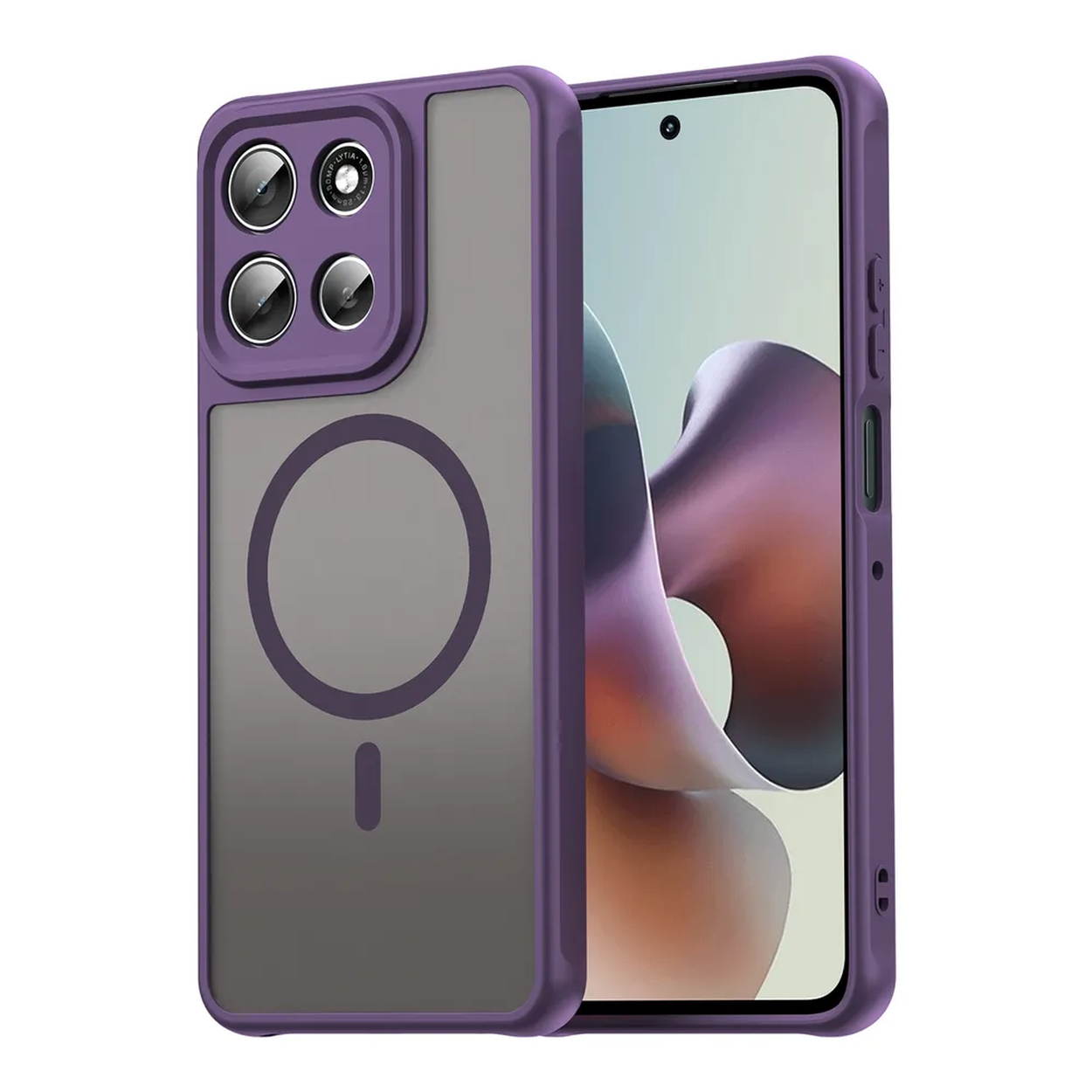 Paarse en grijze telefoonhoes, met een camera-gedeelte, een magnetische cirkel en een telefoon erin.