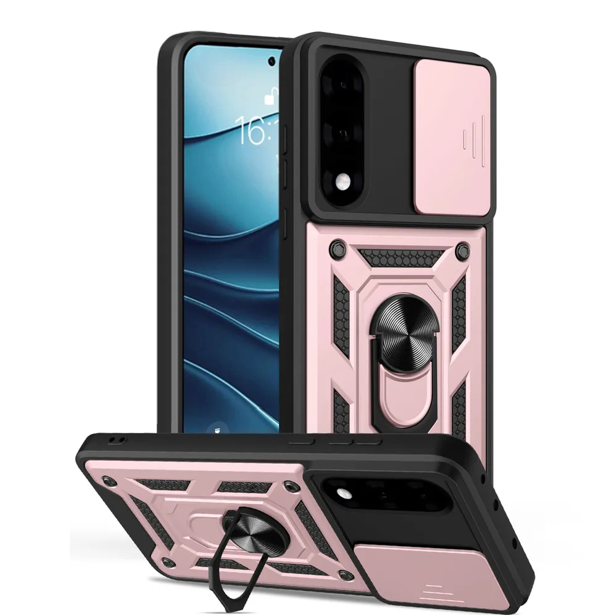 Telefoonhoesjes in roze en zwart, een met camera schuifdeksel, ringhouder en zichtbaar telefoonscherm.