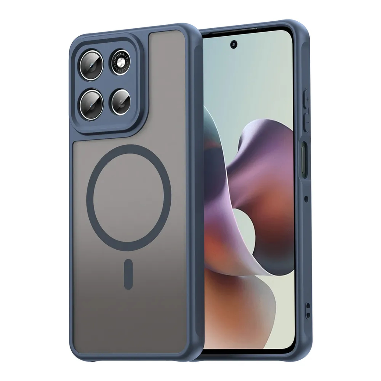 Coque de téléphone bleue avec un dos gris foncé, une zone de caméra et un cercle magnétique, un téléphone est inséré.