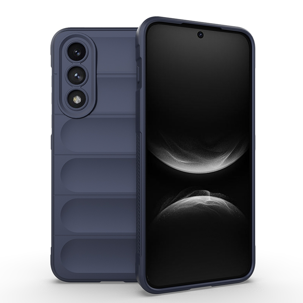 Coque de téléphone bleue avec écran noir, avec une section caméra et un écran avec des icônes.