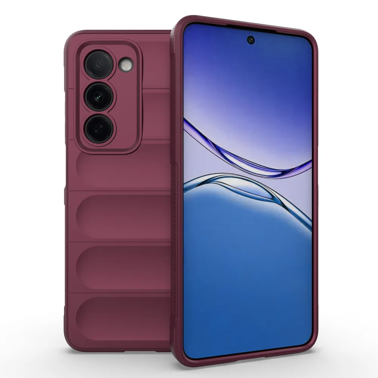 Bordeaux telefoonhoes met een rode telefoon erin, met een cameragedeelte en een scherm met iconen.