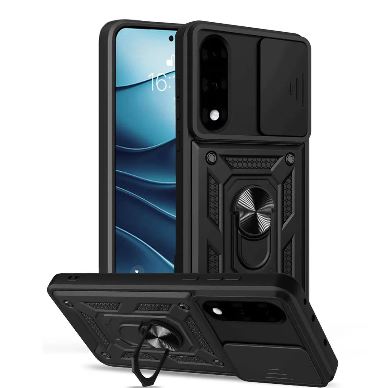 Zwarte telefoonhoes met cameralensafdekking, ringhouder en een gestructureerde achterkant. Drie hoesjes zijn schuin.