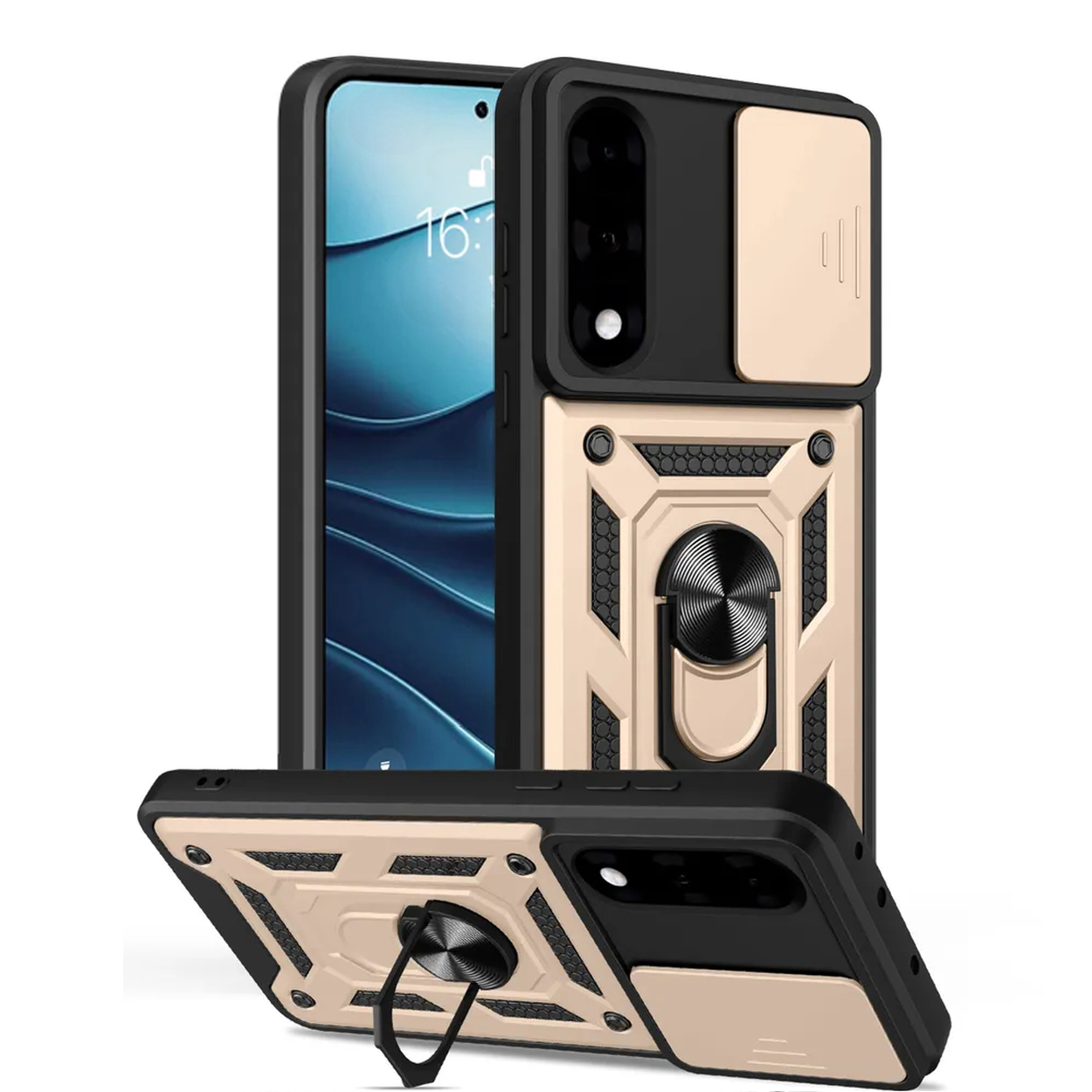 Coques de téléphone roses et noires, cache coulissant pour caméra, support de bague et écran visible.