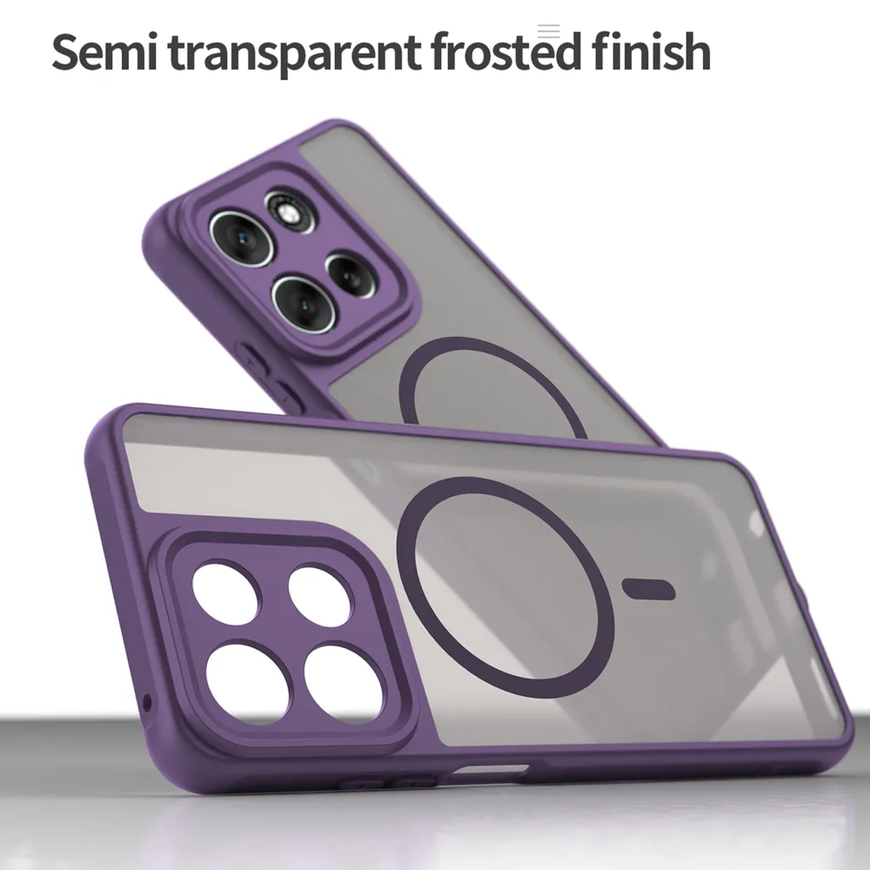 Paarse telefoonhoesjes, semi-transparante matte afwerking, met een magnetische cirkel, cameralens en een telefoon.