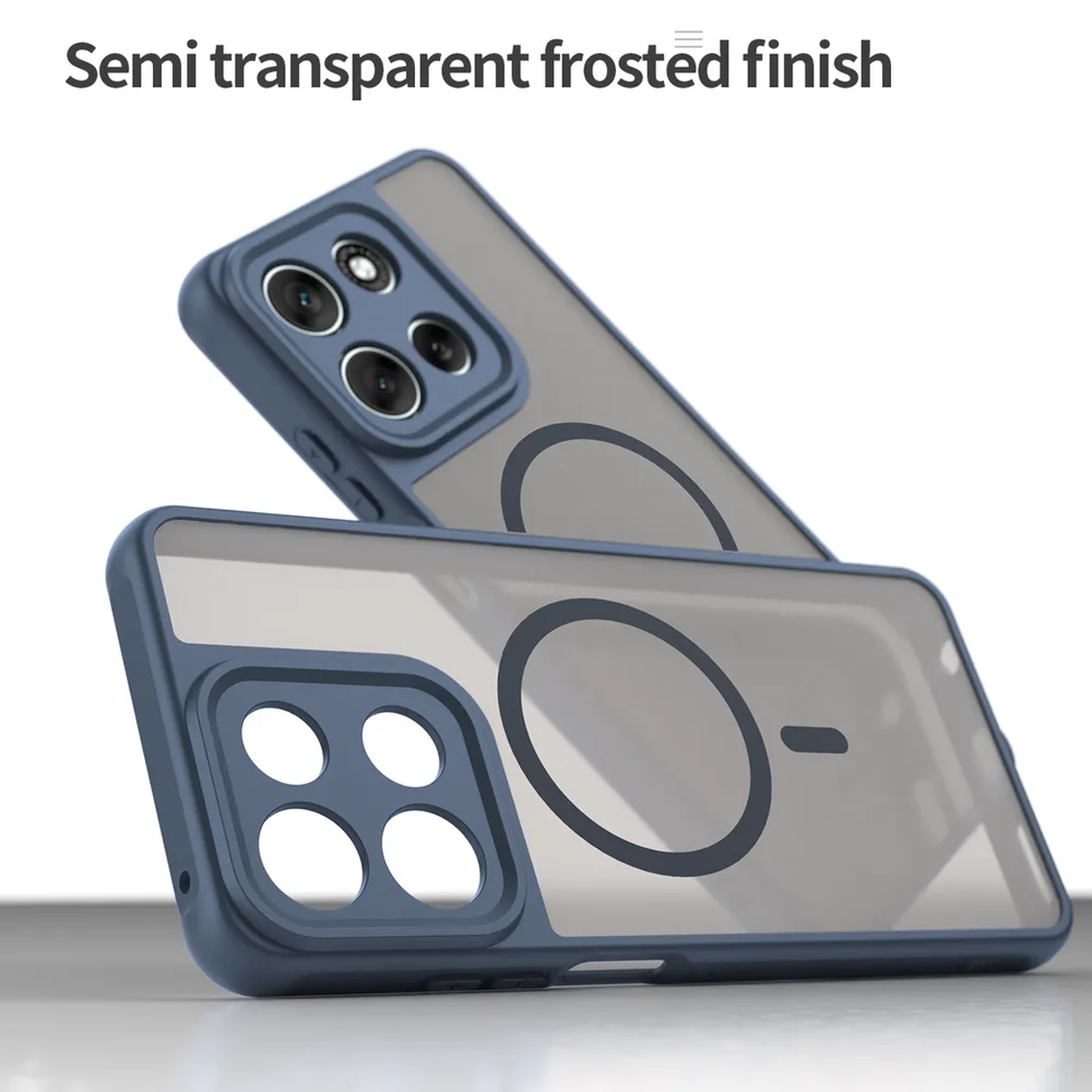 Deux coques de téléphone, l'une au-dessus de l'autre. La supérieure est bleue, l'inférieure transparente, avec un contour bleu.