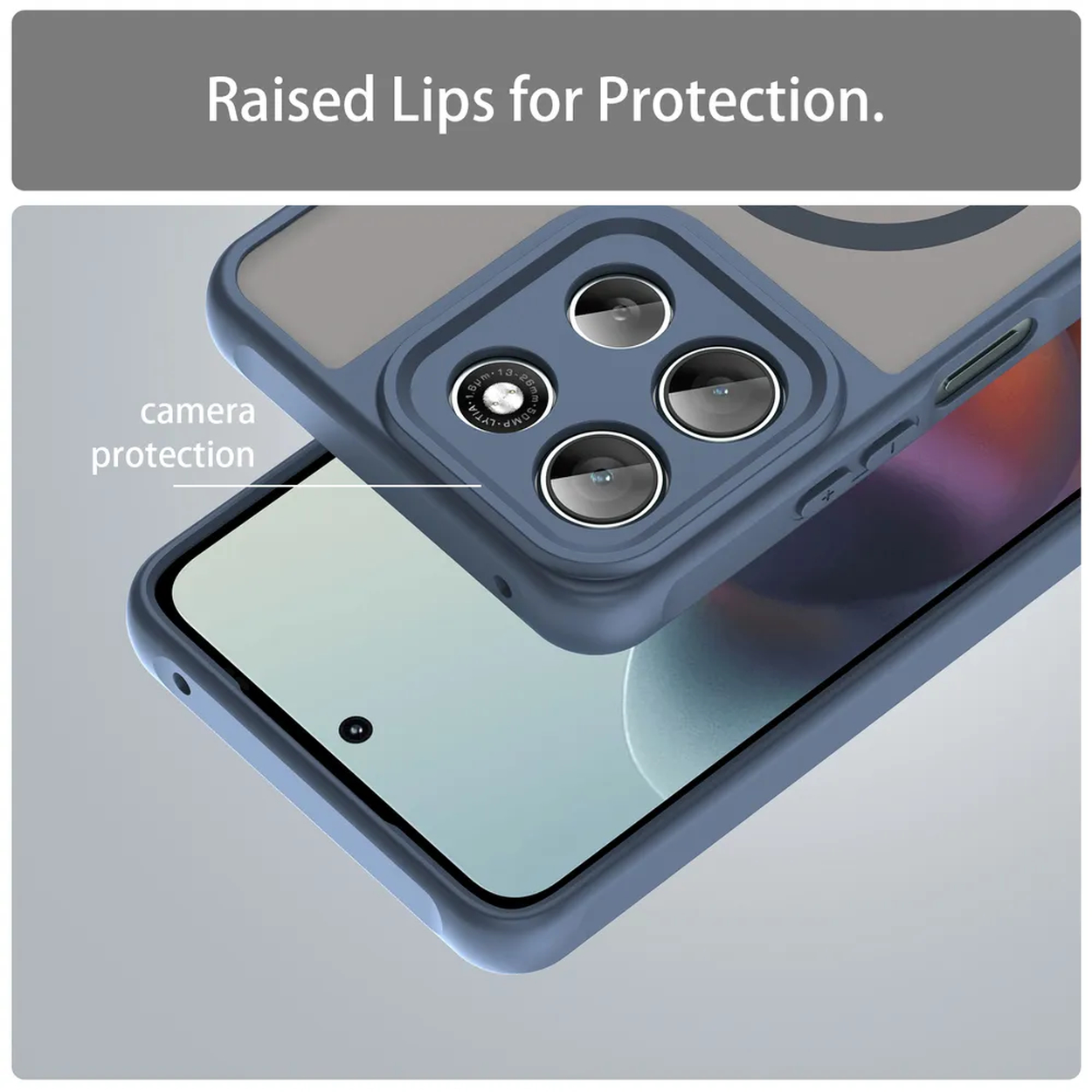 Deux coques de téléphone bleues, l'une sur l'autre. La supérieure est inclinée, montrant les découpes de l'appareil photo.