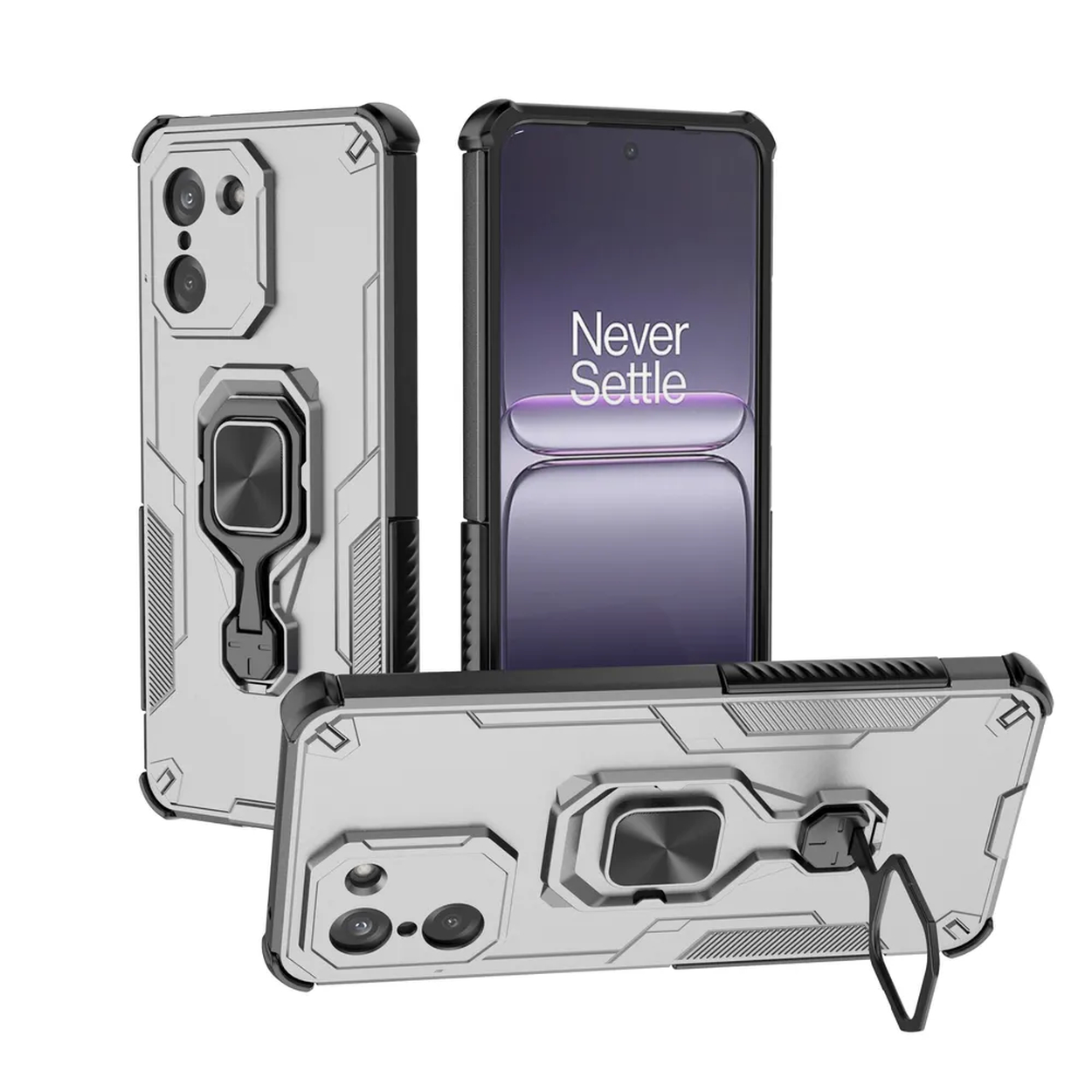 Trois coques de téléphone argentées et noires, inclinées pour montrer le support d'anneau. Fond blanc.