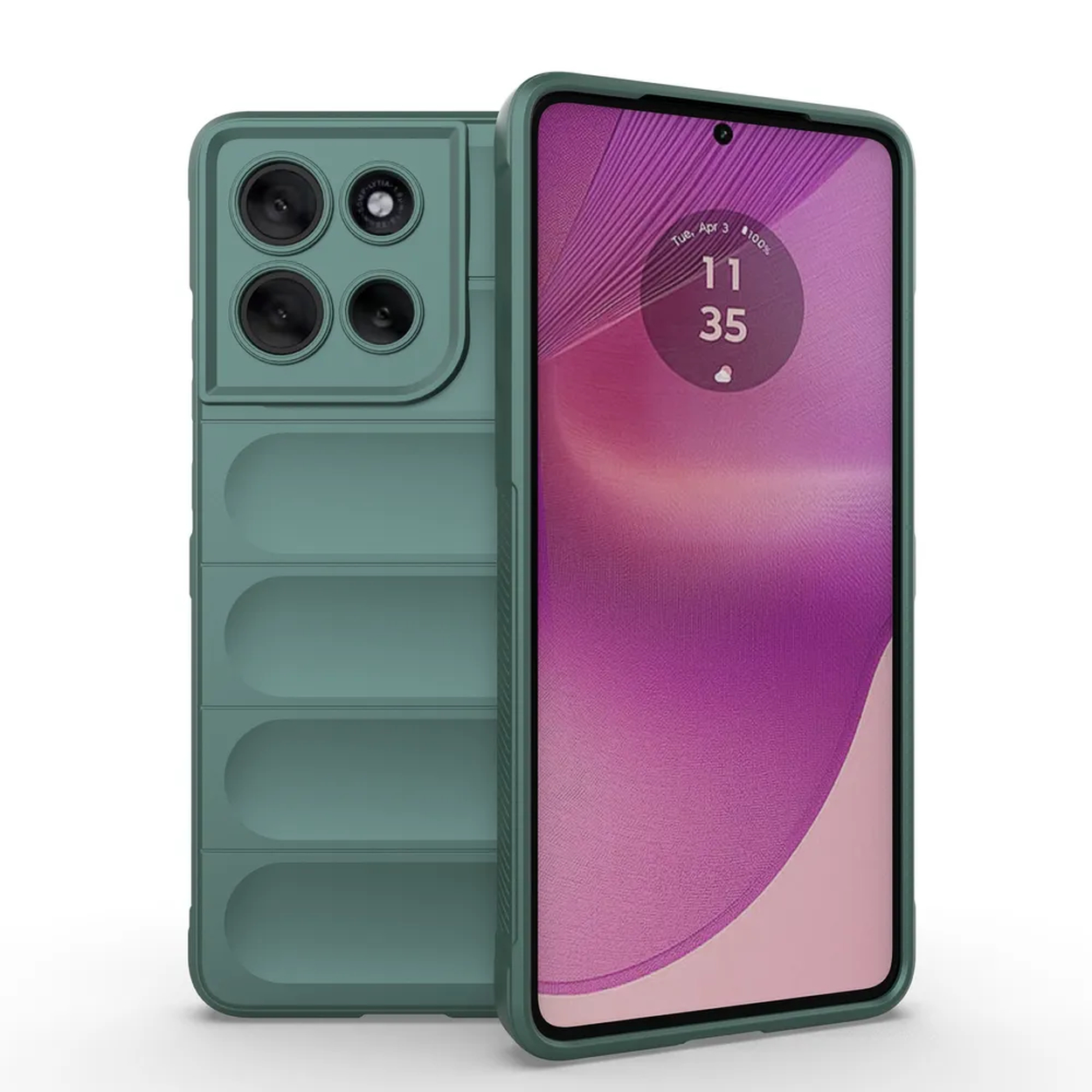 Groene telefoonhoes met telefoon die tijd en datum weergeeft, op een witte achtergrond.