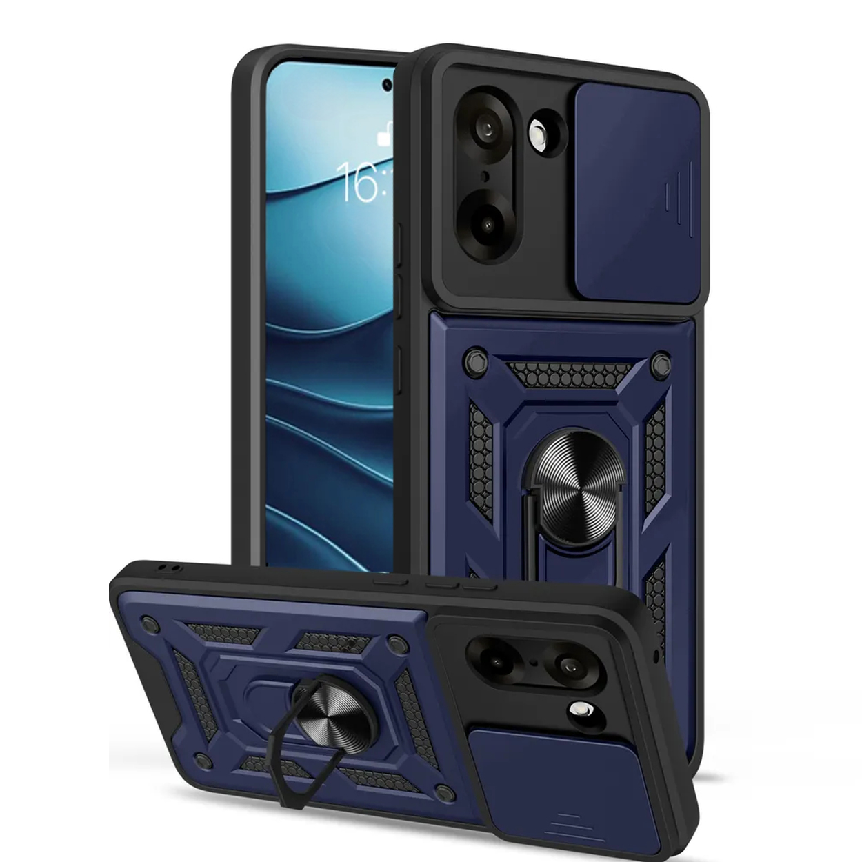 Drie telefoons met blauwe hoesjes, verschillende hoeken, op een witte achtergrond.