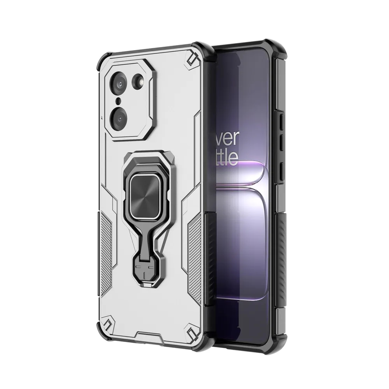 Trois coques de téléphone noires et argentées. La coque a un support d'anneau et est inclinée.