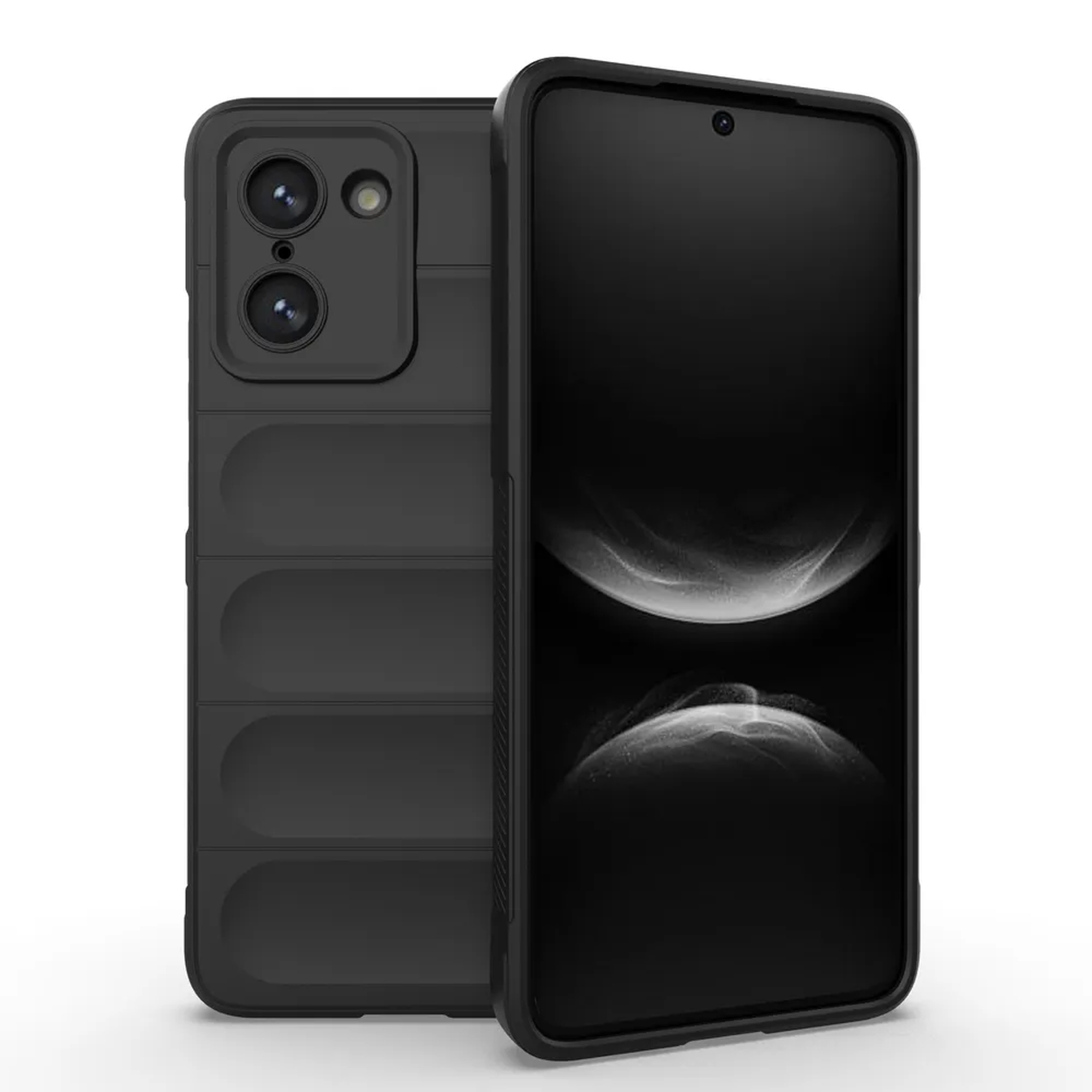 Zwarte telefoonhoes met telefoon die een zwart scherm toont, tegen een witte achtergrond.
