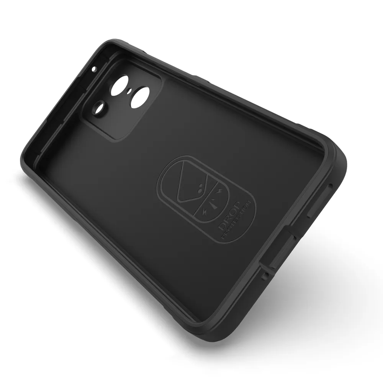 Zwarte telefoonhoes, binnenaanzicht. Inclusief uitsparingen voor camera en flitser. Voorzien van het Drop Protection logo.
