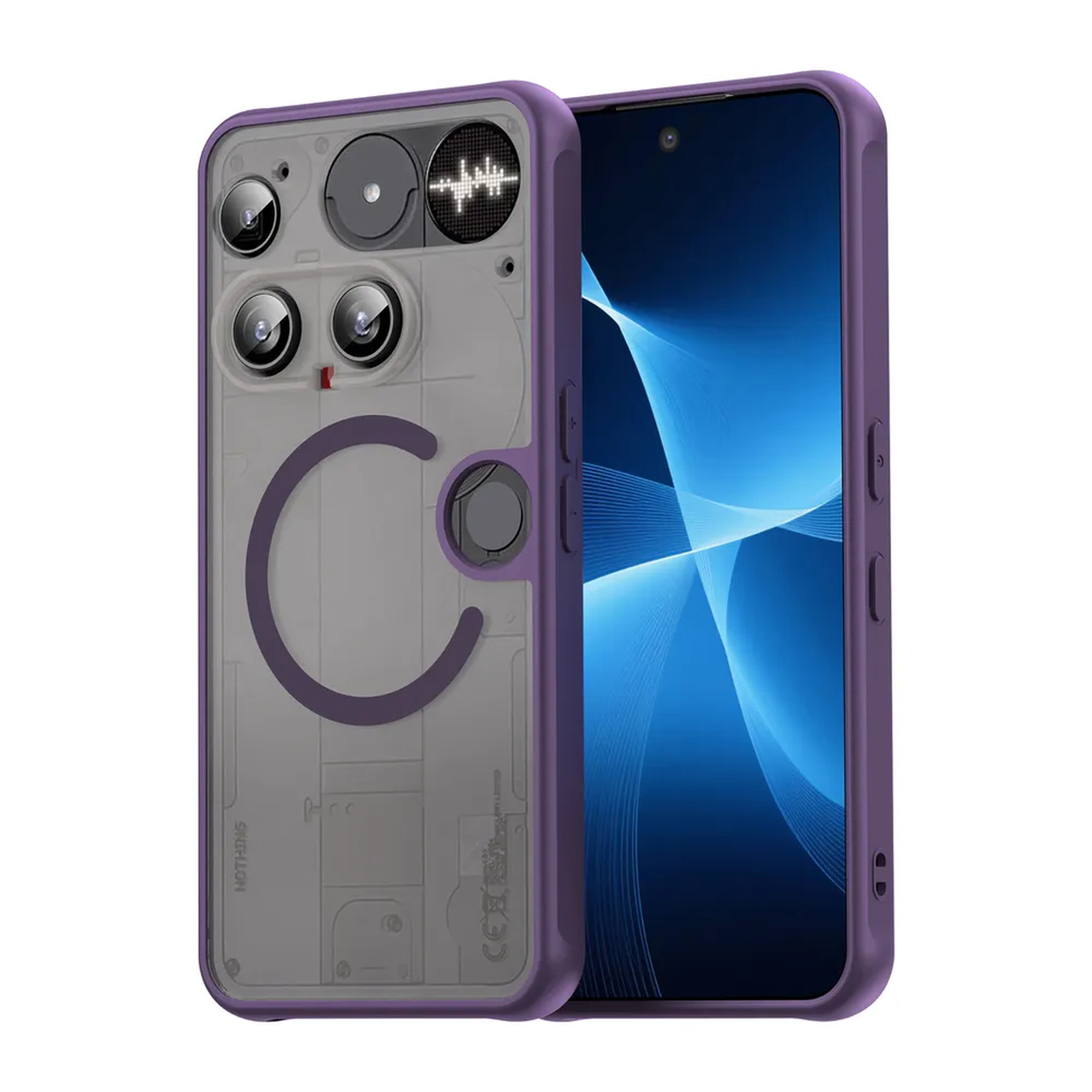 Coque de téléphone bordée de violet, avec texte et détails de la caméra visibles.