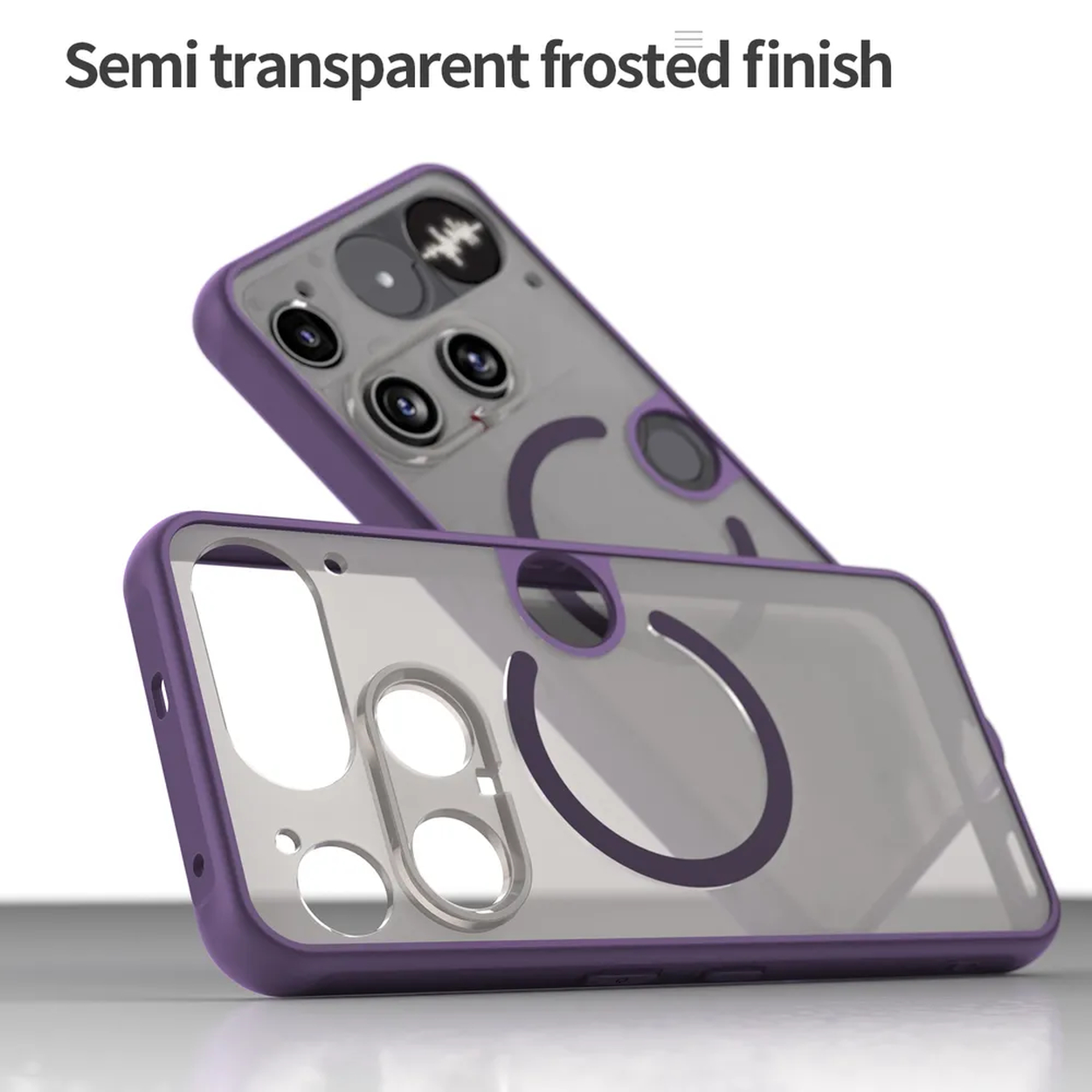 Deux coques de téléphone bordées de violet, une avec un téléphone à l'intérieur. Semi-transparentes et givrées.